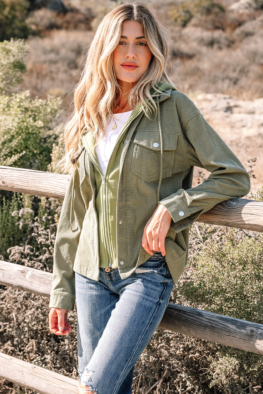 Laurel Green Two In One Thermal Knit Textured Hooded Jacket For Women Winter Outerwear Dear-Lover Dropshipping